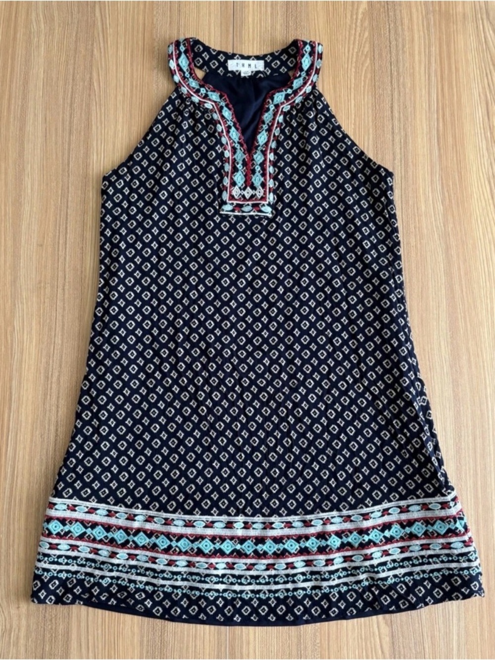THML Anthropologie Faye Embroidered Halter Neck Dress XS Navy Mini Shift Boho
